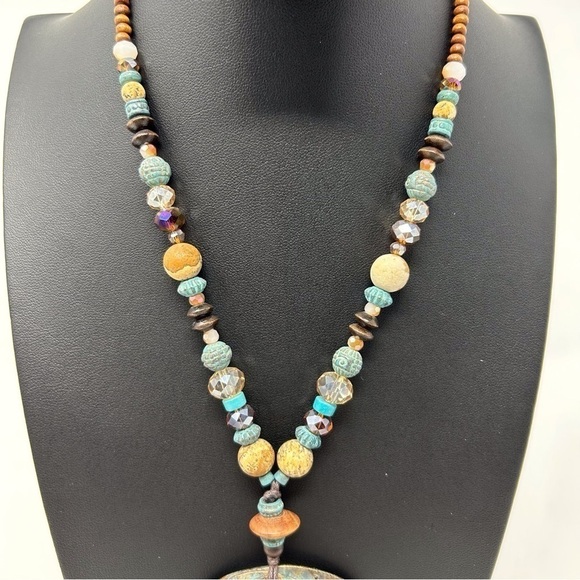 Bohemian Long Blue and Brown Beaded Necklace with Layered Copper Round Medallion - Picture 3 of 7